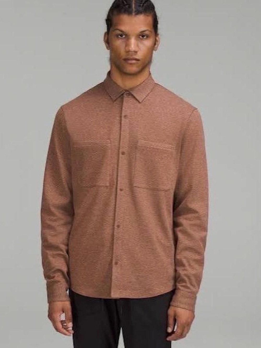 Lululemon Soft Knit Overshirt Mens S Brown Heather Snap Up Long Sleeve Preppy